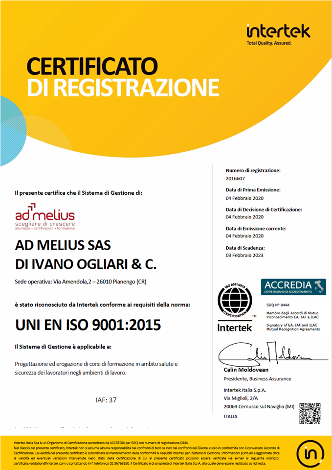 attestato di certificazione uni en iso 9001: 2015 admelius